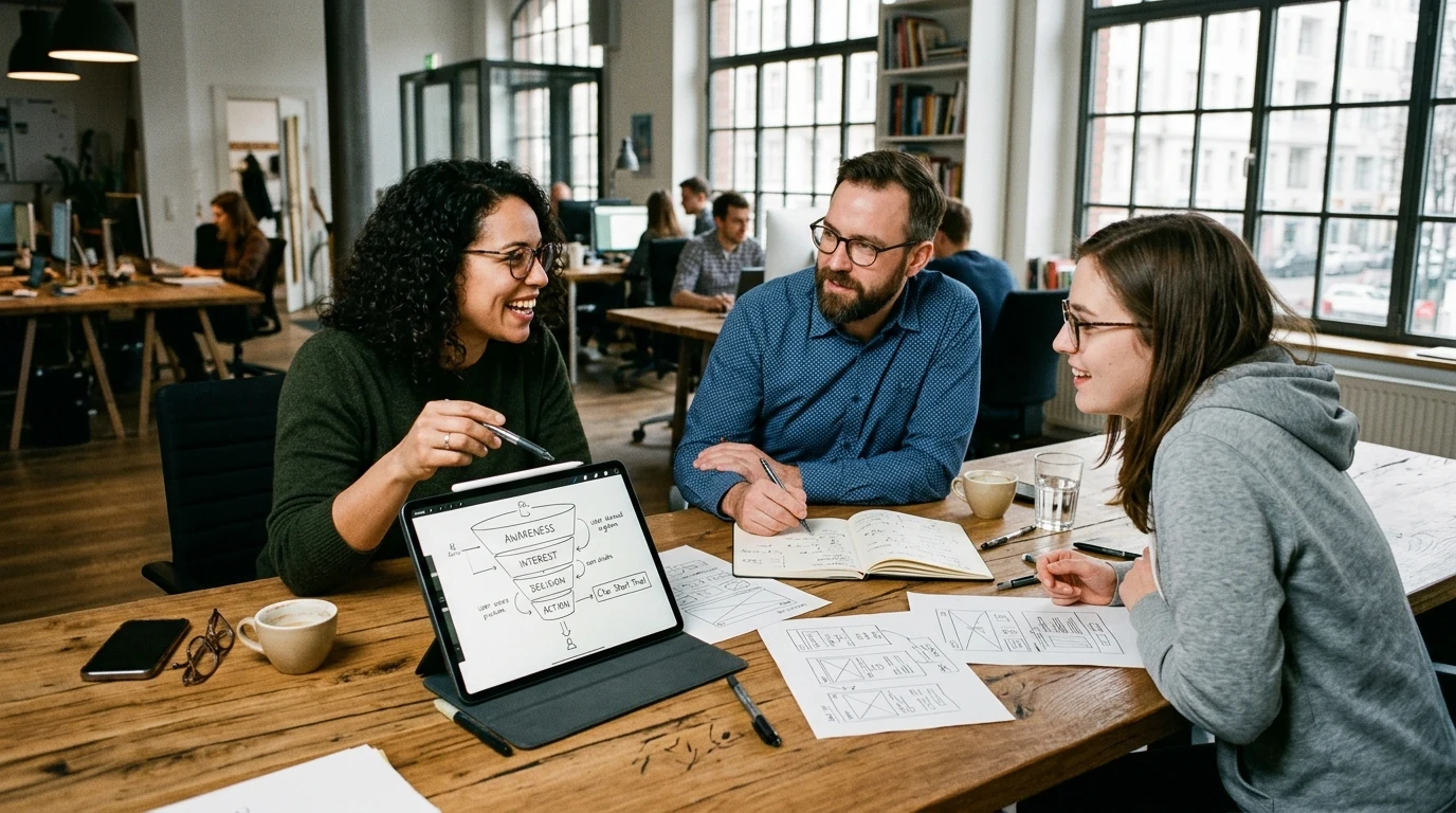 Team analysiert Multi-Step Lead-Funnel Wireframe am Besprechungstisch