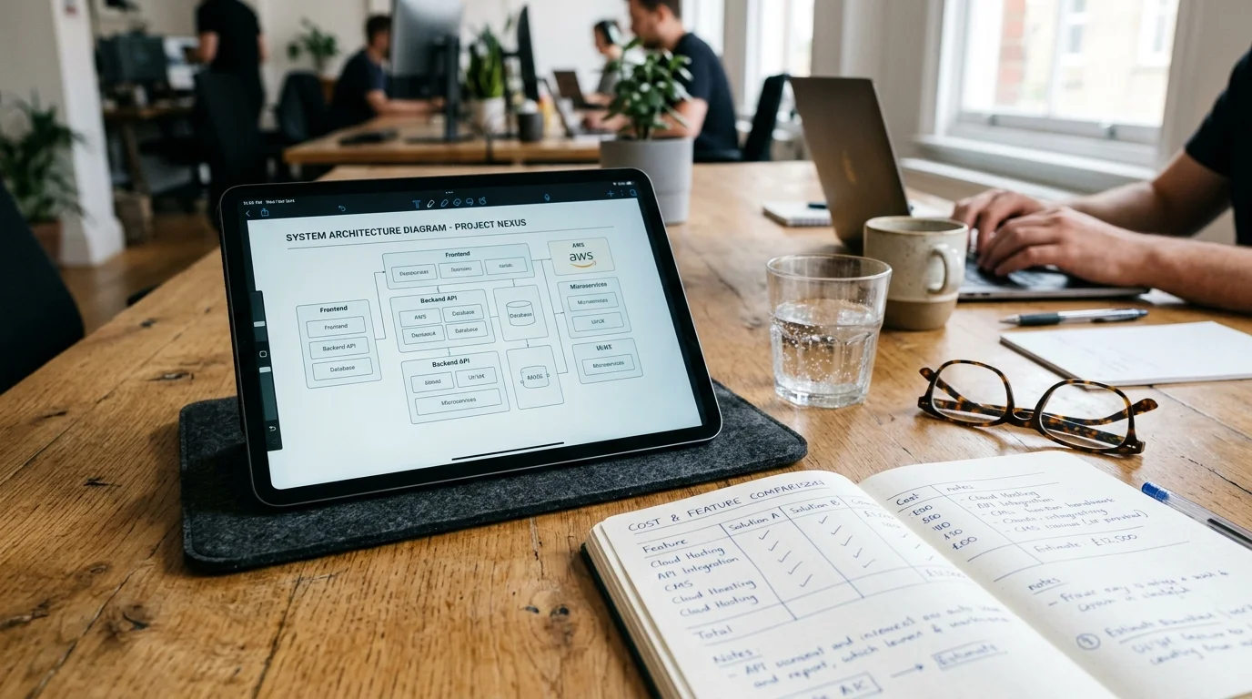 Architektur- und Kostenanalyse auf Konferenztisch mit iPad und Kostenvergleichstabelle