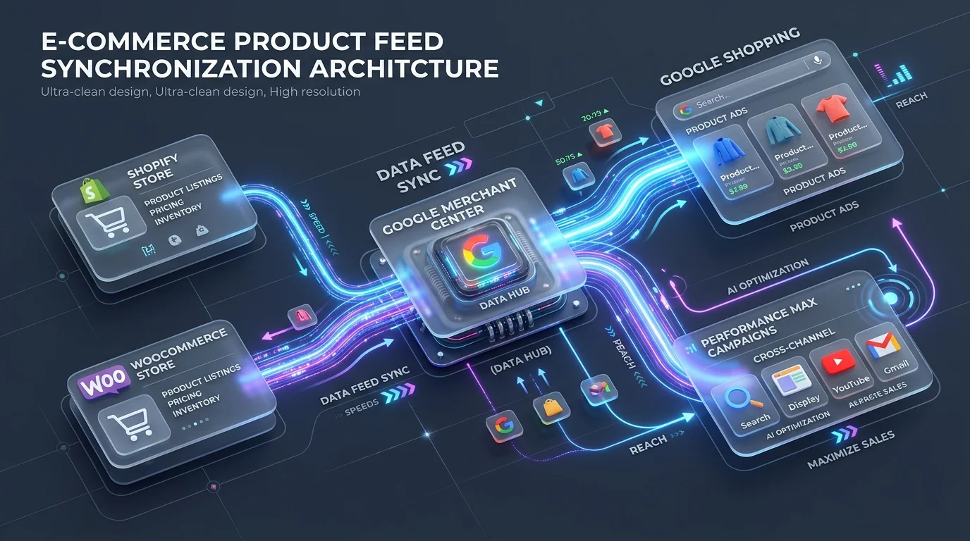 E-Commerce Produktdatenfeed Synchronisationsarchitektur zwischen Online Shop, Google Merchant Center und Google Ads