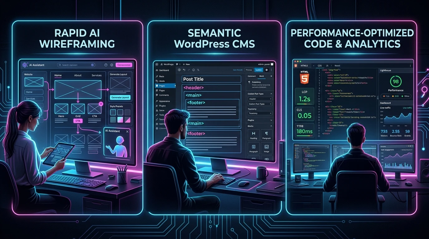 Vergleich moderner Webdesign Workflows: KI Baukasten vs. WordPress mit KI vs. individueller Code