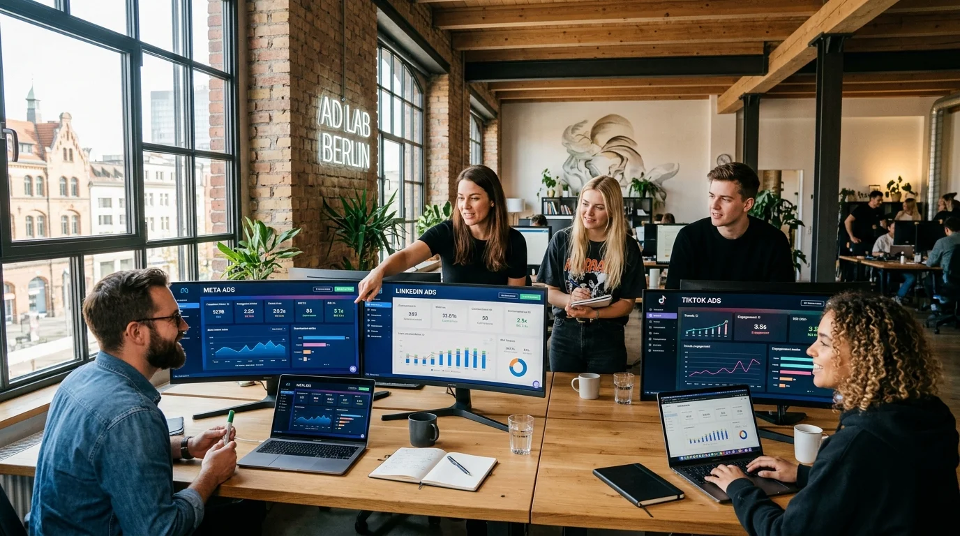Social Media Ads 2026: Performance-Marketing Arbeitsplatz mit Kampagnen-Dashboards und ROAS-Analysen