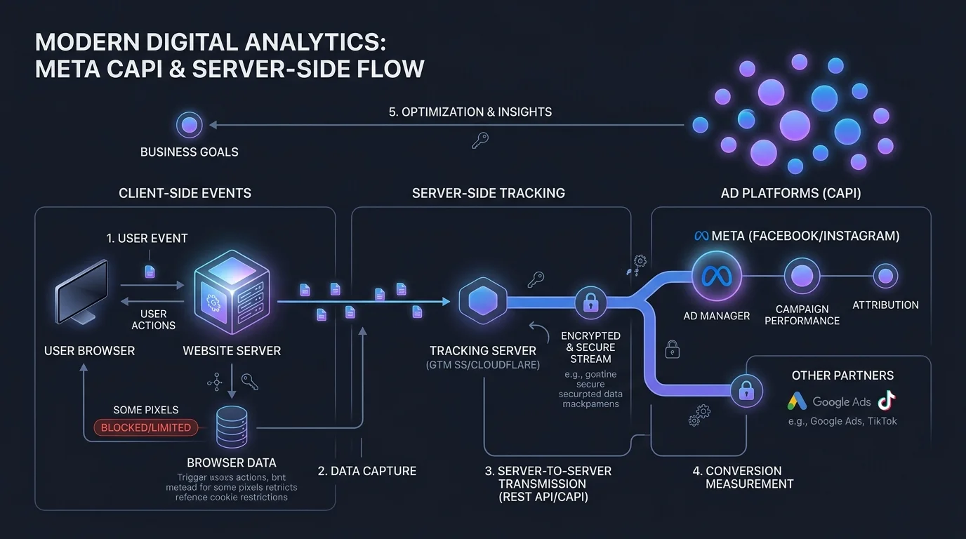 Architektur des modernen Server-Side Trackings mit Meta Conversions API und Consent Mode